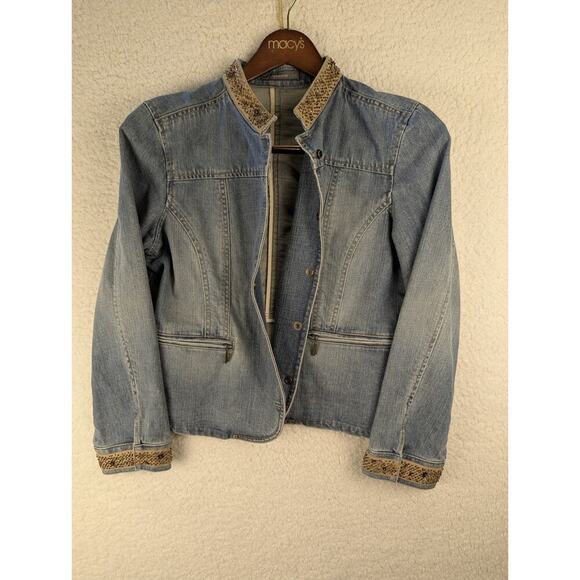 Liz Claiborne 100% Cotton Blue‎ Denim Brown Sequined Jacket Sz L - Picture 8 of 11
